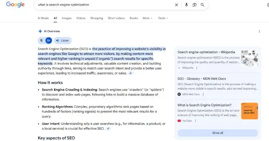 Google search results page showing an AI Overview explaining “What is search engine optimization,” with highlighted SEO definition, how it works, key aspects, and related links like Wikipedia and MDN Docs.