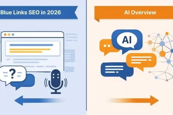 Split-screen illustration comparing “Blue Links SEO in 2026” with “AI Overview,” showing traditional search results and voice search on one side, and AI chat bubbles with neural network on the other, symbolizing the shift to AI-driven search.