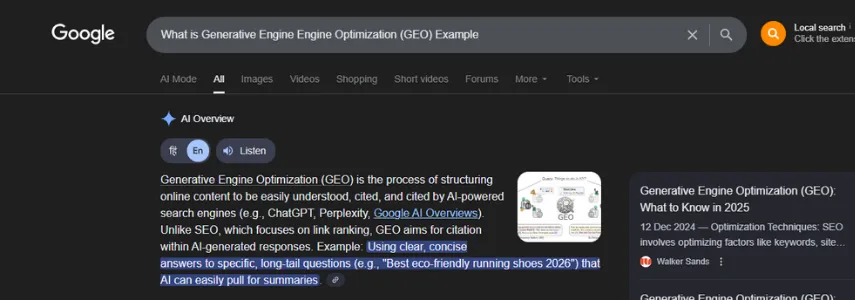 Google search results in dark mode showing an AI Overview for “what is GEO in SEO examples,” explaining Generative Engine Optimization with highlighted definition, examples in action, and related GEO links on the right panel.